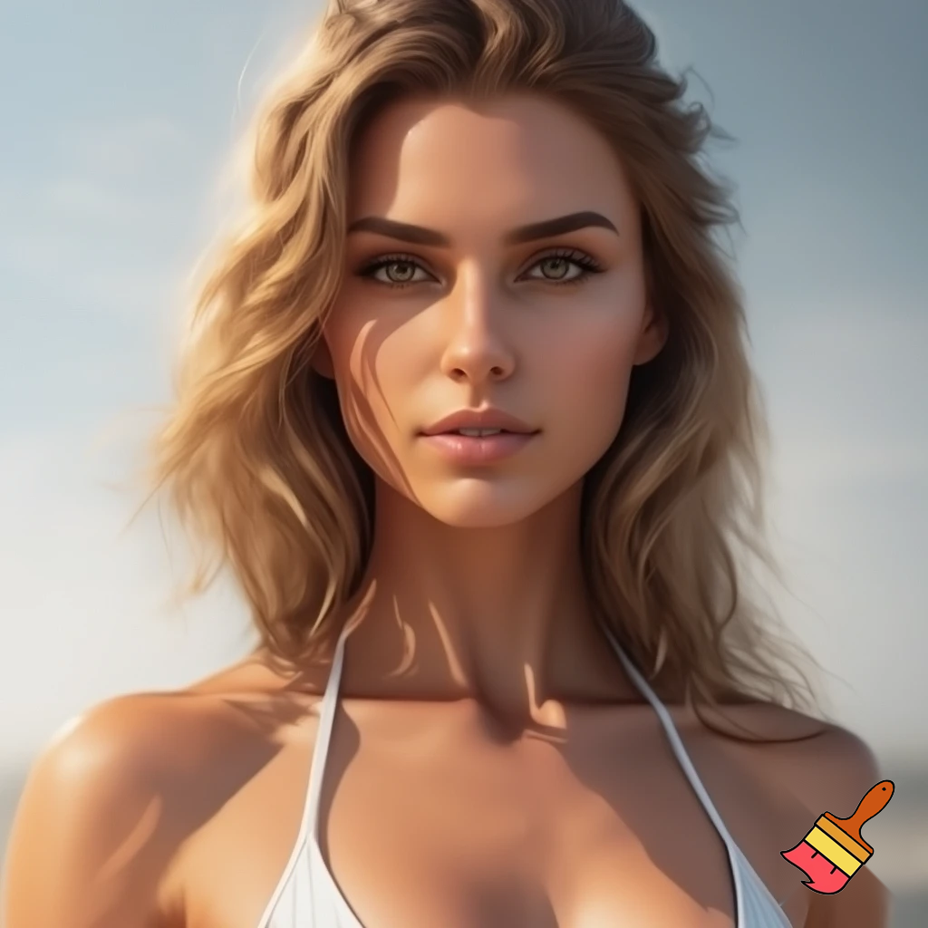 Photorealistic portrait of a woman, approximately 22 years old, with long legs and athletic figure. She has long, naturally flowing light brown blonde hair, oval face, almond-shaped brown eyes, average eye spacing, slim straight nose, naturally full lips, soft facial features, harmonious proportion and delicate, harmonious facial features. Her overall presence is confident, natural, and modern.  Natural daylight. white bikini.