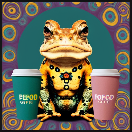 A hillarious, funny boho toad with some hippie colored coffee cups. Psychedelic decorated background.