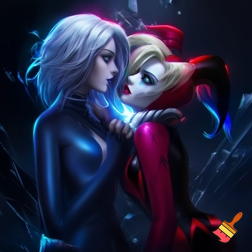 Killer frost crystal frost white hair blue eyes blue dark color bodysuit kissing Harley Quinn blonde hair two pigtails blue eyes red black jester outfit 