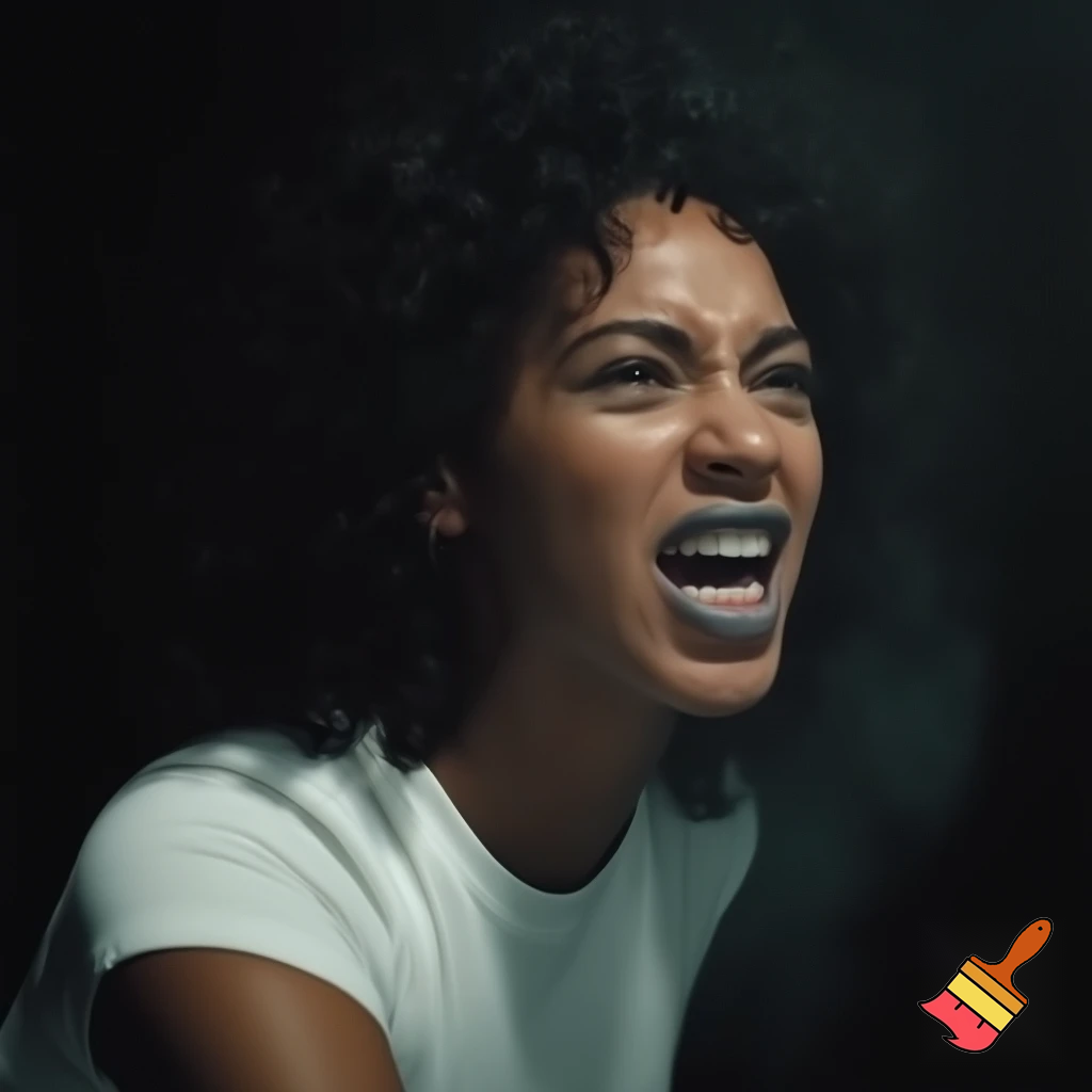 Beyonce with black short curly hair wearing a white shirt with shorts in a black setting moving screaming in a  bar ,she should be angry expression & furious, close up ,she is with grey lipstick ,close up of her face 