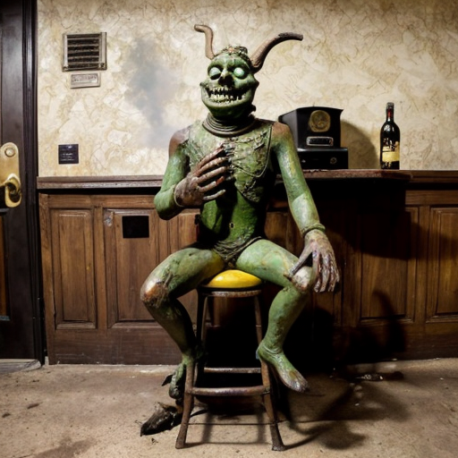 a grotesque, photorealistic dive bar frozen in time—peeling wallpaper stained with decades of smoke and spilled liquor, broken furniture piled like carcasses in the corners, a single flickering bulb casting jaundiced light. Front and center, a nightmare scarecrow slouches on a stool, its burlap face split by a stitched grin, cornstalk fingers wrapped around a bottle of Jack Daniels, tendrils of hay spilling from its rotting chest cavity where whiskey drips into exposed ribs. Beside it, three 1950s-era hazmat suits—faded yellow rubber, cracked visors fogged with condensation—lean drunkenly against the bar, gloved hands clutching martini glasses filled with neon-green sludge. A hunchbacked goblin with pustular skin and jagged teeth perches on a keg, chugging a foaming beer that spills down its chin onto a taxidermied rat hanging from its necklace. Towering over them all, a corroded bronze statue of Satan rises from the debris, one hoof resting on a toppled jukebox, its leering face tilted as if amused by the decay. The air is thick with the ghosts of a thousand bad decisions