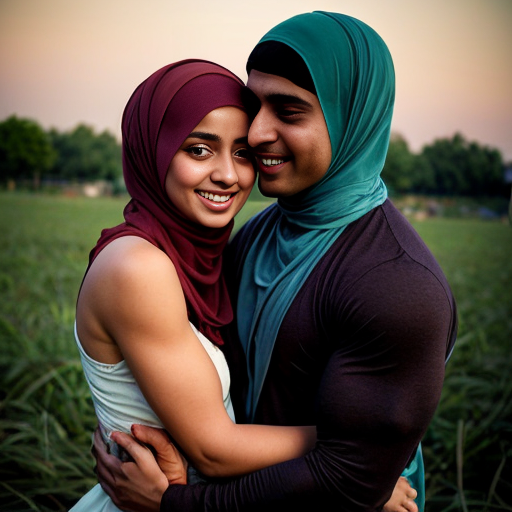 cute Muslim girl in a vibrant hijab and a handsome Hindu boy with tanned skin and a muscular build, both in a park during sunset. The girl rests her head on his chest, smiling happily, while he holds her protectively, conveying a sense of safety and intimacy. The background features soft colors and a warm atmosphere,she should be tall too but not taller than him,cute and romantic on bed not open fields,she shouldn't be chubby ,just slum and mid and must be cute and romantically digging into him for comfort,yeah amd expose her a little ,she doesn't need to be dress packed like a cake,put her in less modest