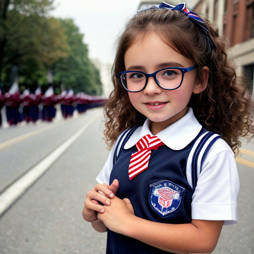Cute adorable niña Chilindrina glasses con hair lazo curly Blonde con sailor uniforme escolar con zapatos negros escolar con calcetines blancos con Estados Unidos América bandera con desfile con ciudad 5