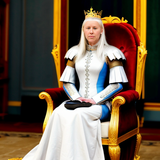 Tall, white-haired Queen of Poland in armor sitting on a throne