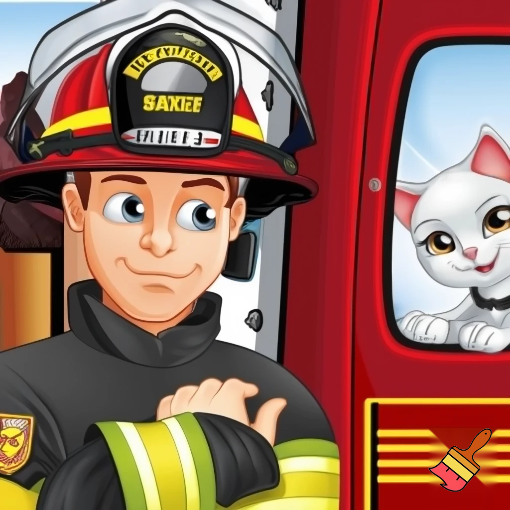 A fireman with a white cat