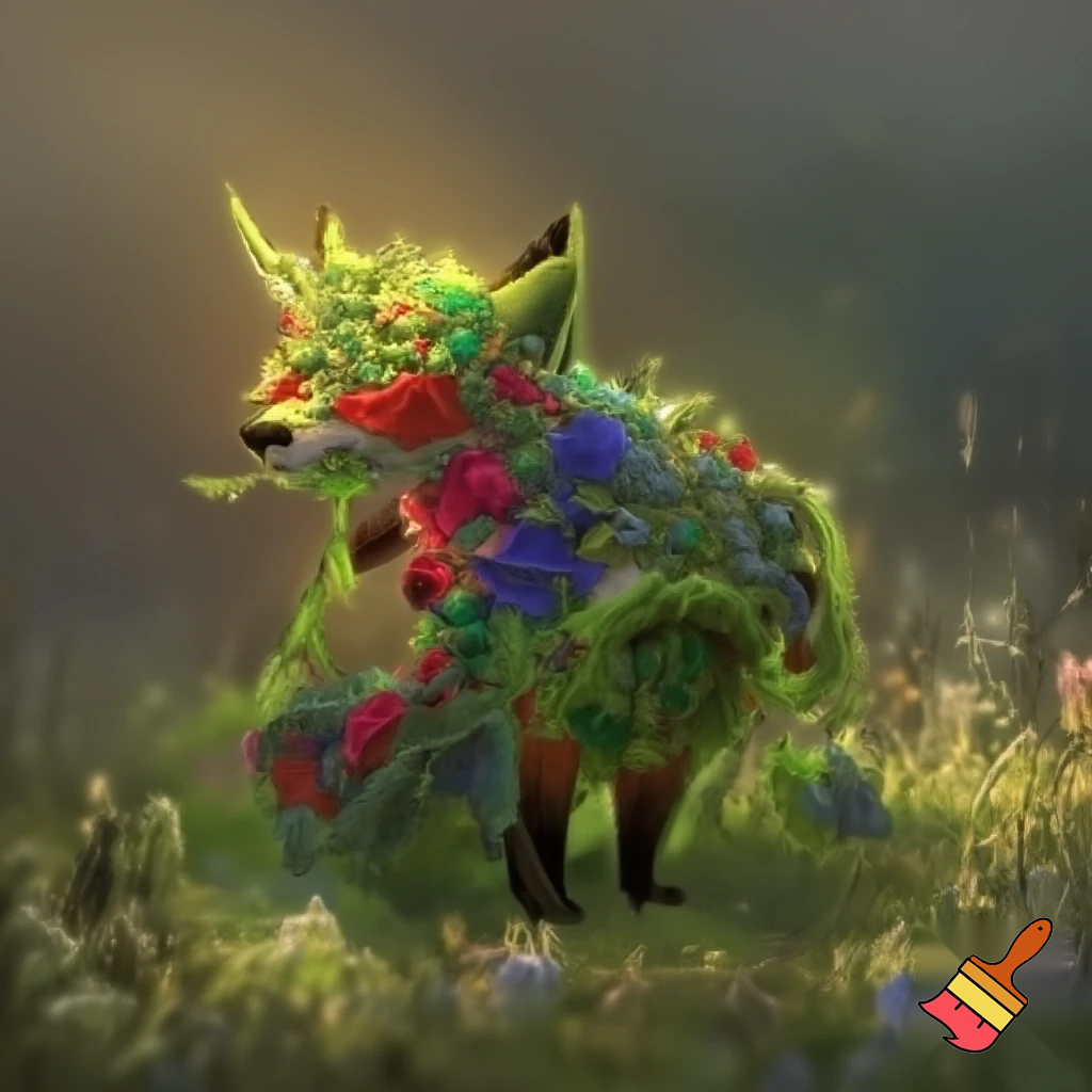 en ræv lavet af blomster og planter