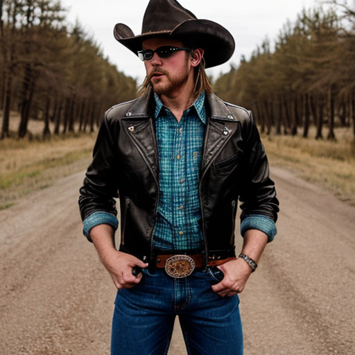 Show me a picture of a country punk cowboy wearing a black cowboy hat a black leather jacket and a red plaid flannel under the leather jacket with ripped blue jeans and a black skull shirt and tan cowboy boots and a tan leather belt and regular eye glasses