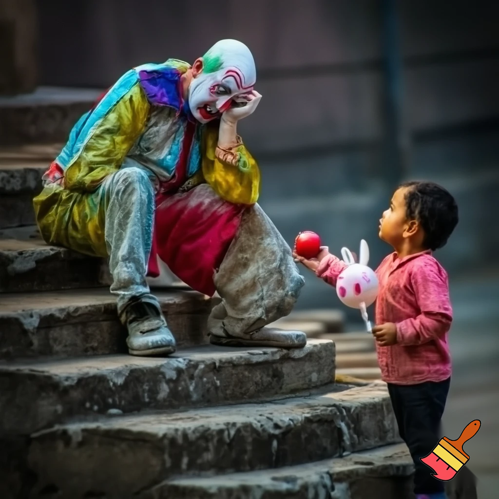 A heartbroken clown sits on an old stone staircase, holding his face with one hand. He wears a vividly decorated, brightly colored costume, full of patterns, with slight wrinkles from wear. In front of him, a young child looks at him, gently offering a ball with one hand while holding a rabbit-shaped balloon in the other hand, near the clown’s. The scene is bathed in soft natural light, creating a calm and melancholic atmosphere, with cinematic depth, detailed textures, and a tender emotional connection between the clown and the child. The image is ultra-realistic, 4k, with full cinematic style