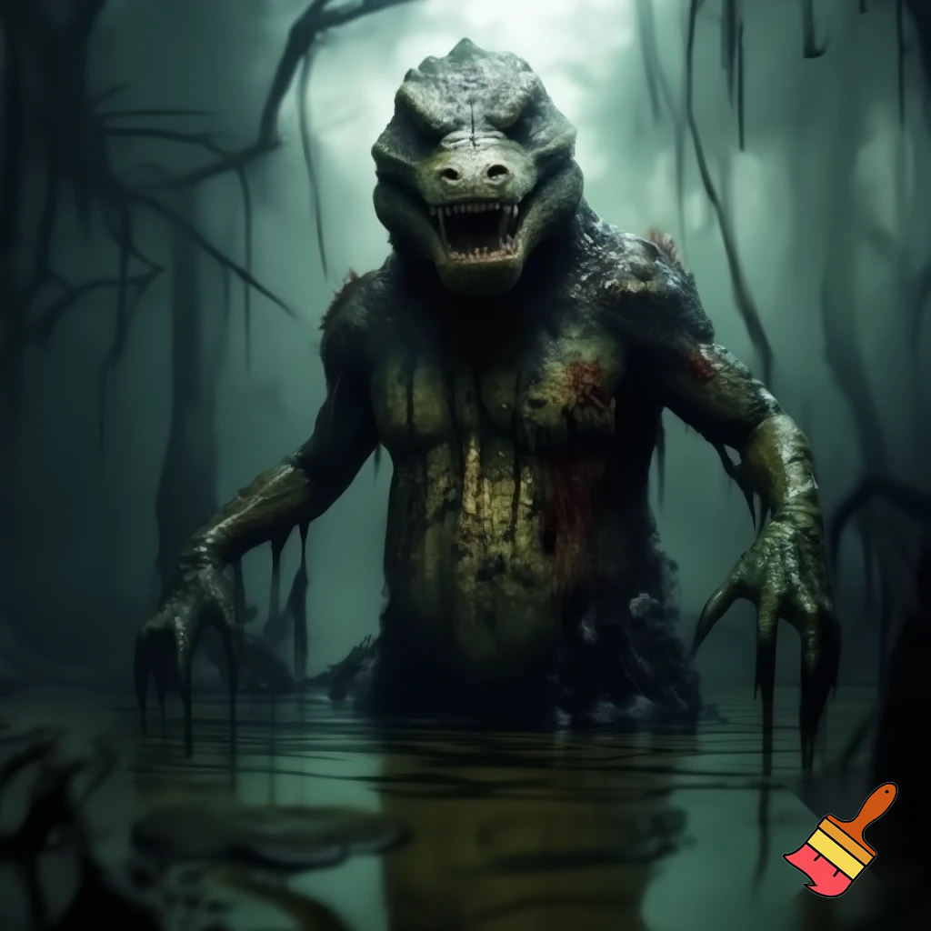 A grotesque, rotting, anthromorphic crocodile creature standing upright, its body covered in black goo, melting, and dripping like sludge, exposing its bones. The skin is swampy green, black, and sickly brown, with patches of rot and ooze and entirely made out of gunk. Eyes bulging in horror, jaw hanging loosely, teeth crooked and partially dissolved and has a deformed smile. The creature’s limbs stretch out as goo drips from its claws exposing its skeletal fingers. It's appearance, also zombie-like and deformed. Surround it with an eerie, fog-filled swamp: twisted dead trees, murky water, dim green-gray light, and a haunting atmosphere. Highly detailed, creepy, and surreal. 