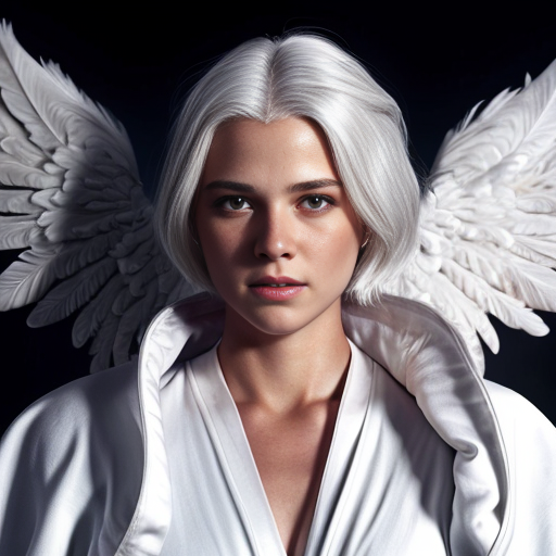 beautiful white-haired angel in white robes with white feathery wings