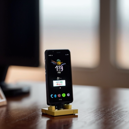 LEGO smartphone standing upright on a desk, battery icon at 100%, subtle visual tension, neutral indoor environment, cinematic LEGO style, shallow depth of field, realistic lighting, vertical 9:16
