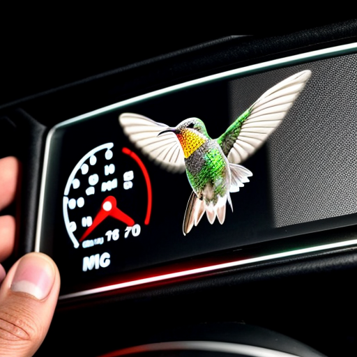 Create an image of a hummingbird with a speed gauge like in a car, with mph, on it that is red lining which means the line is in the red and going really fast, make it highly detailed.