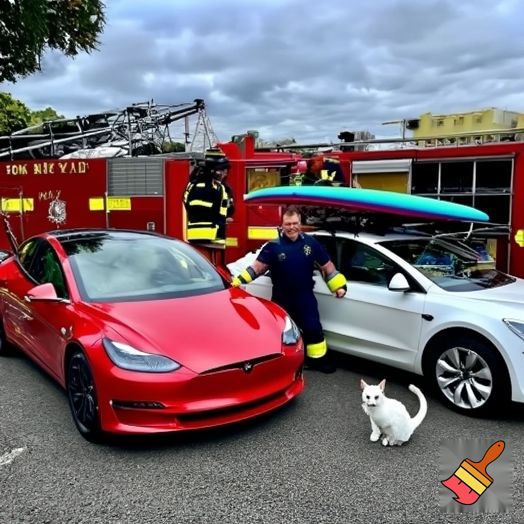 A fireman with a white cat with a Tesla and a surfboard on the roof