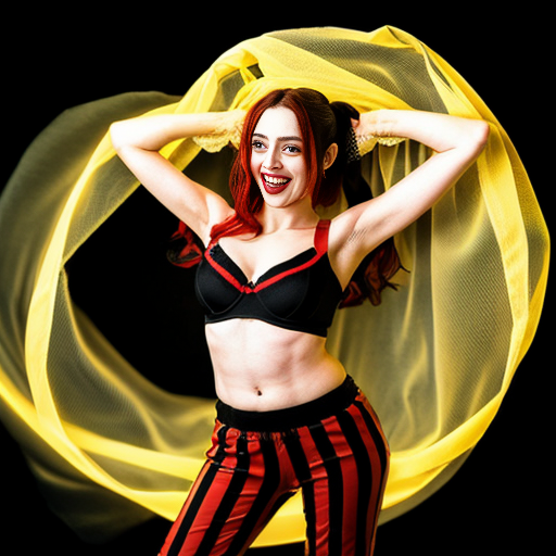 90's disney's 2d aladdin style comic black background and panels of 
panel 1 Harley Quinn with light black and red striped harem pants and bra and black and red curved slippers with both hand palms place together and hiding the bottom of her mouth with a light black and red striped veil wrapped around her arms and shoulders. 
panel 2 she danced with light black and red striped harem pants with light black and red striped bra and red and black curved slippers and with light black and red striped veil wrapped around her arms and shoulders and raising legs and bounced up and down her belly and shook her hips left and right. 
panel 3 as Harley Quinn with light black and red striped harem pants and bra and red and black curved slippers and with red and light black striped veil wrapped around her shoulders and arms and spreading her arms, happily revealing her face to the viewer and giving a smile as she shook her belly left and right. 
Panel 4 Harley Quinn with light black and red striped harem pants and bra and black and red curved slippers and with light black and red striped veil wrapped around her shoulders and arms has started to fading away , except her belly, which is bouncing around and growing. 
Panel 5 then the ball transforms into the fading in belly of Giant red haired giganta barefoot with dark yellow spotted yellow harem pants and bra and dark yellow spotted yellow veil wrapped around her arms and shoulders with her swaying her hips. 
Panel 6 red haired giganta barefoot with dark yellow spotted yellow harem pants and bra and dark yellow spotted yellow veil wrapped around her arms and shoulders then she is flexing her muscled arms. 