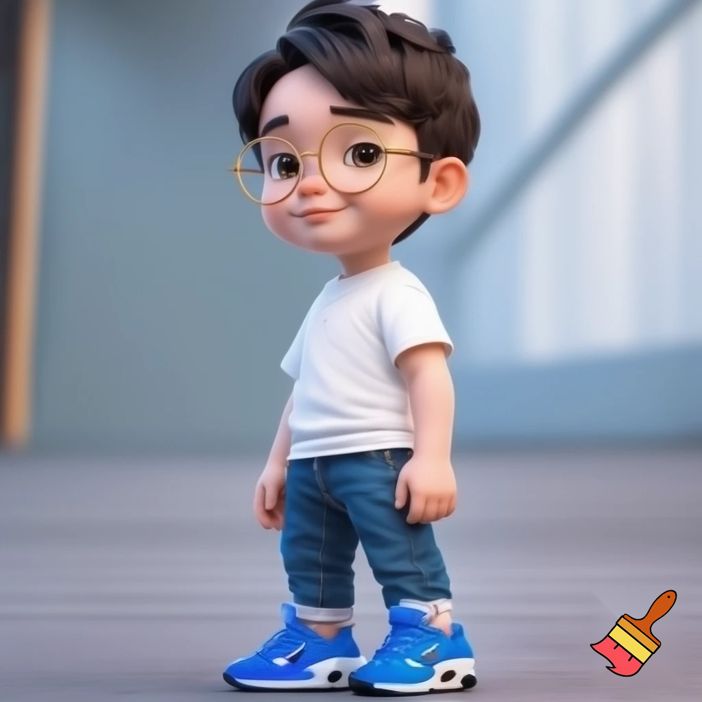 a boy standig he has a white skin coulor and black short hair he has bleu geans and a white bloes and bleu airmax shoes and he is whereing gold glasses