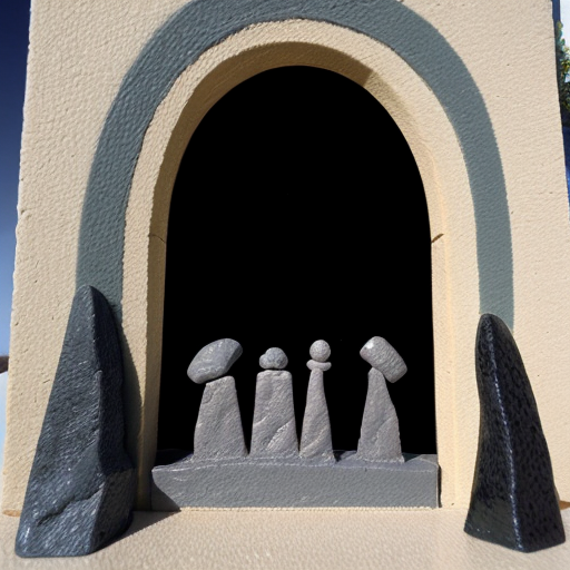 Paint the stones of an arch with multiple abstract figures in Tanguy  style