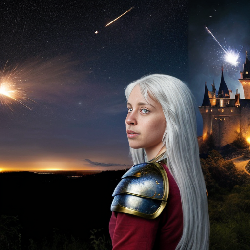 young white-haired woman in armor watches as meteorites fall on her castle