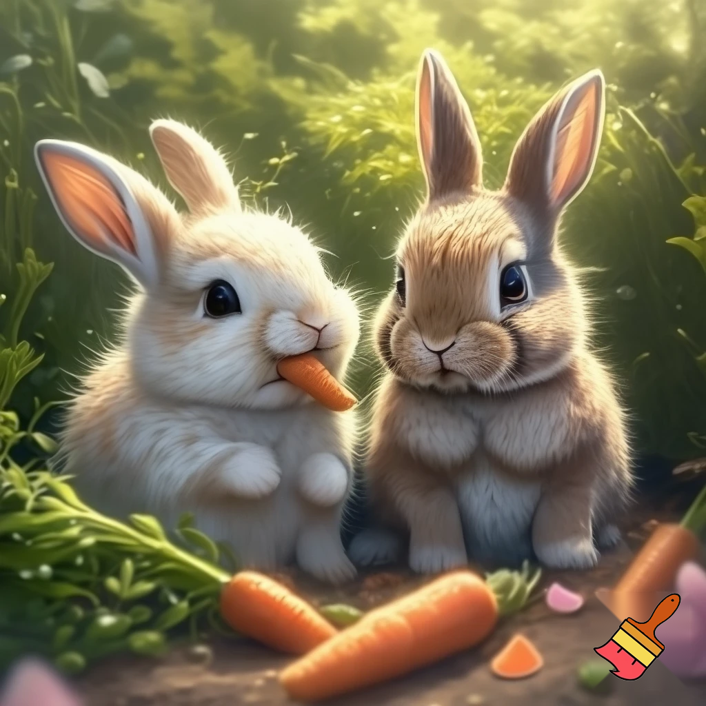 two rabits eating carots