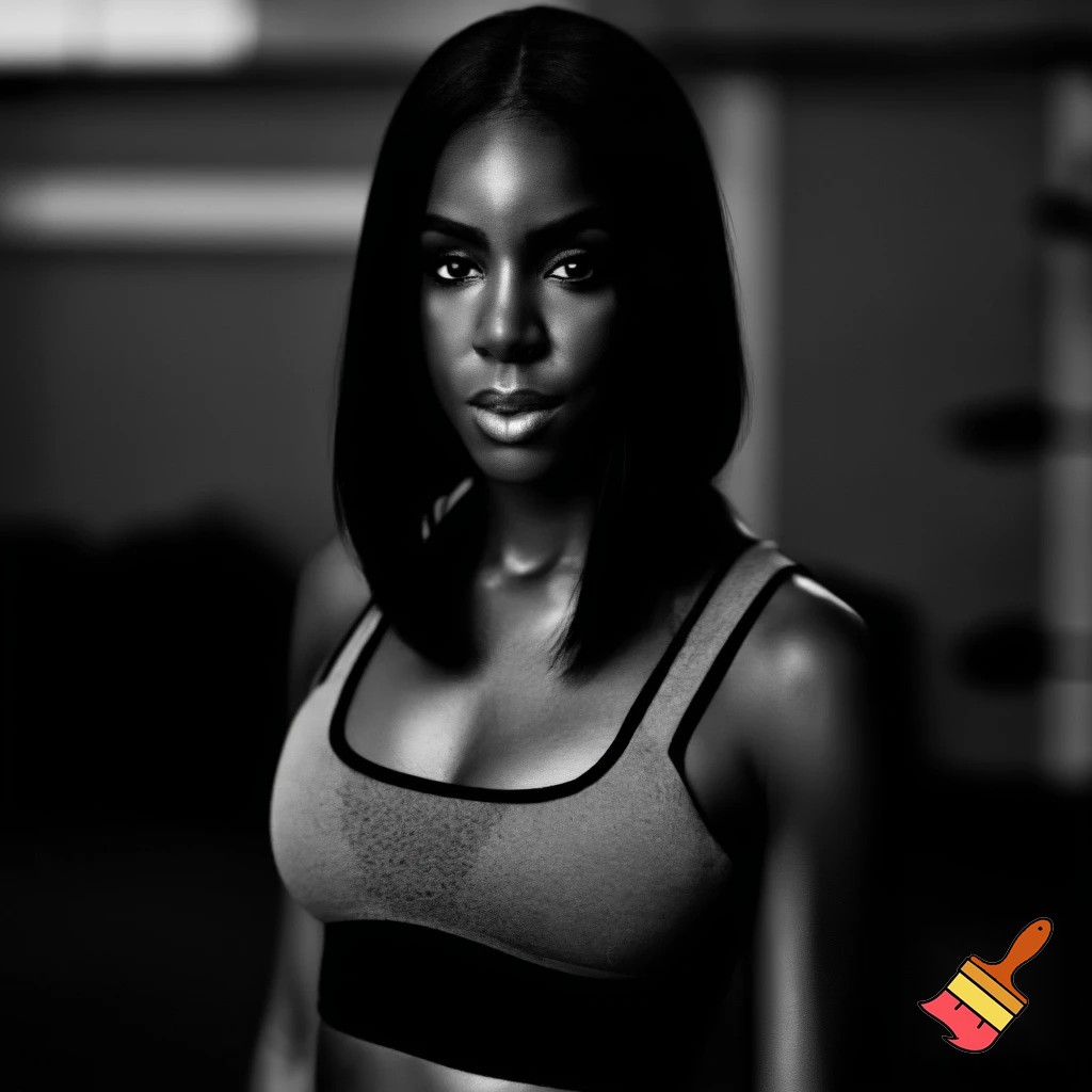 Black and white image of Kelly Rowland with a brown sleek middle part bob hair wearing A Grey and black camisole working out