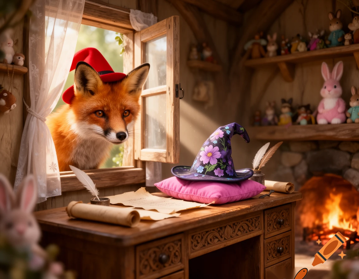 so the fox with a red hat sneek inside of the pink rabbit deask and garb her magic flower