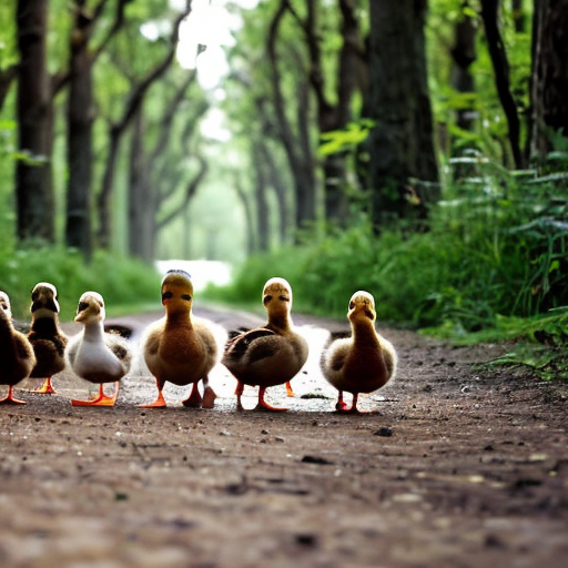 Mother duck and five little ducks go in for a walk in the forest