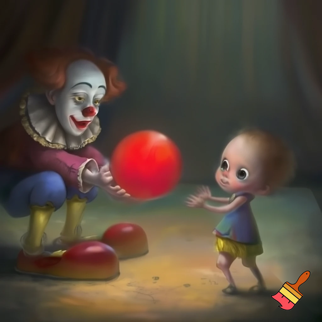  A child gives a sad circus clown a ball.