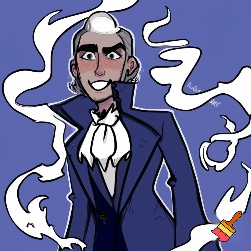 Percival de rolo from Vox Machina in the cartoonish art style of hazbin hotel wearing his signature blue overcoat and smoke curling around him