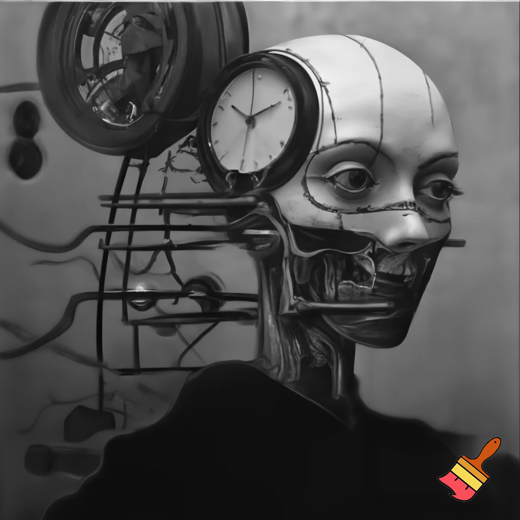 Bio-mechanical girl portrait, noise art. In the style of a 1920's German Expressionism. Black & white.