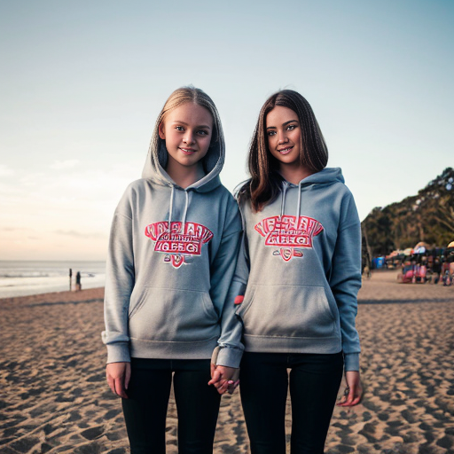Create an image of two sisters standing next to each other. One of them, the old one, has brown hair and blue eyes. She is around 18 years old and her sisters head goes up to her neck. Her hair is long and silky. The younger sister has blonde hair and blue eyes. She is 13 years old. They are both wearing packing hoodies and baggy black jeans. The hoodies are dusky grey with your Australian flag on them however the jumpers have an old retro sort of vibe. They are at the beach. They have their Arms around each other they are both very beautiful 