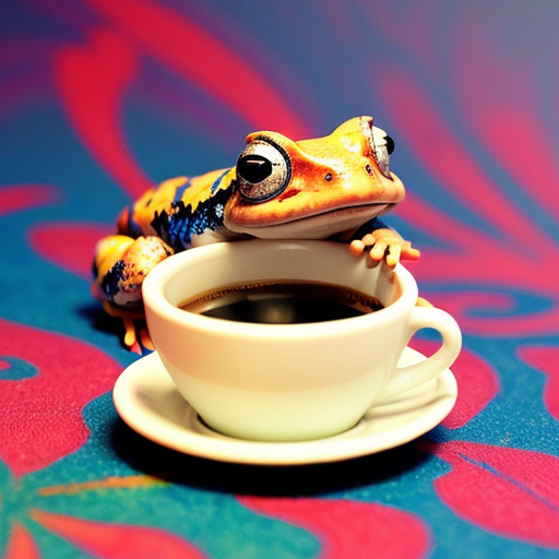 A hillarious, funny boho toad with some hippie colored coffee cups. Psychedelic decorated background, hyperrealistic. Close-up view.