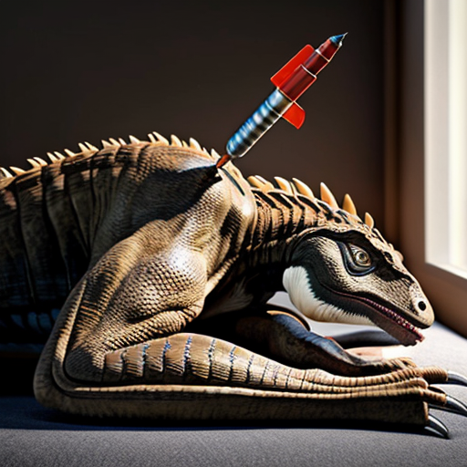 A sleeping female Velociraptor. There are 6 tranquilizer darts in her butt, 3 in her tail, and 2 on her nose. 