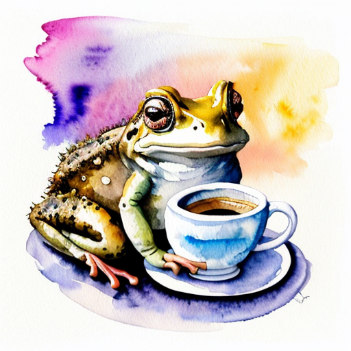 A hillarious, funny boho toad with some hippie colored coffee cups. Psychedelic decorated background.
