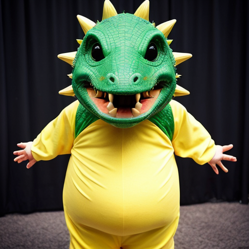 garney the a fattest an green color a dinosaur + yellow color an belly & yellow color an spike + White color an Toen-Nails + Green color an tailed with a 8 an Circle a Yellow color an sided a views the a tailed + Green color an headed with a yellow color an spiked a spined an big an headed an costume mascote in realistic photography the a physics an video a style and 2015-2026 an children the a dinosaur an fictional a style