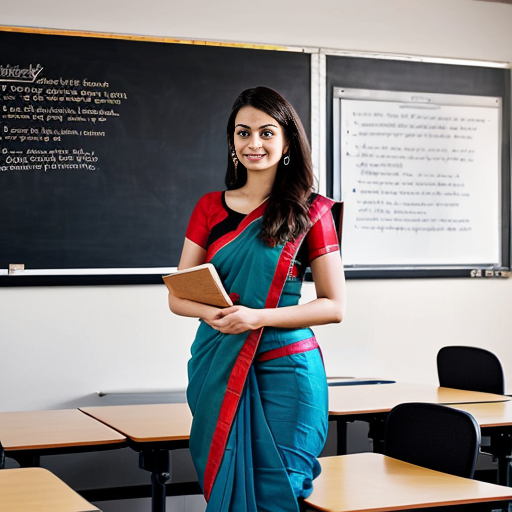 I A confident professional woman representing career growth and transformation. On the left side, she is shown as a teacher in a classroom, wearing a modest formal saree or professional attire, holding a book, standing near a blackboard with students’ desks in the background. On the right side, the same woman is now an Operations Officer, dressed in smart corporate office wear, standing in a modern office environment with a laptop, files, and business charts visible. The two scenes blend smoothly, symbolizing a successful career transition. Soft professional lighting, realistic style, high resolution, empowering and inspiring mood.
