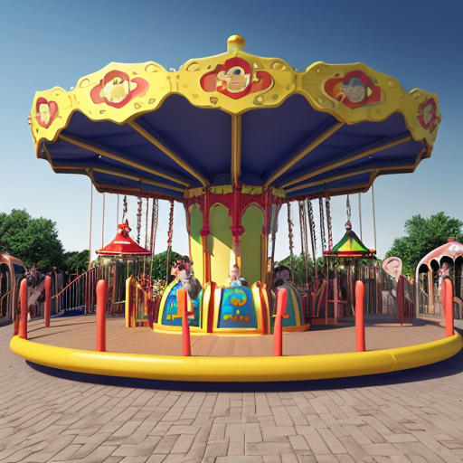 A photorealistic, portrait-oriented image of a vibrant children's amusement park ride, such as a merry-go-round. The scene should be dominated by #FF7F50 orange and blue color scheme. Focus on a close-up or medium shot composition, do not have people in it