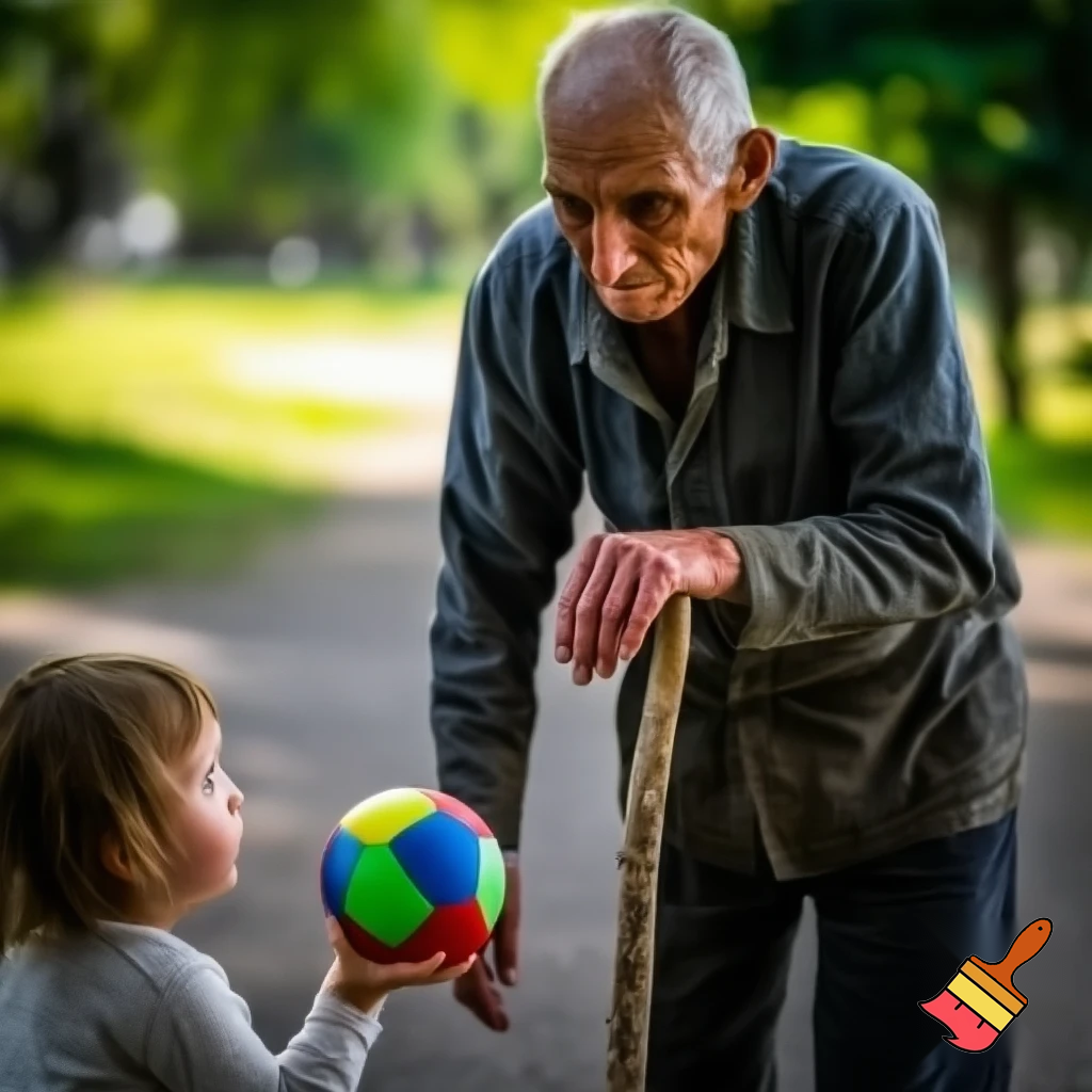 An old man is holding a stick, and a child wants to give him a ball.