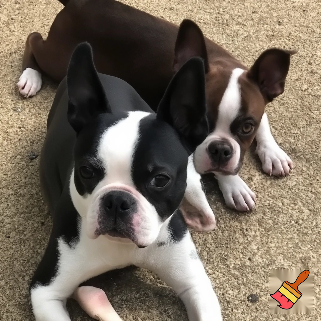 two boston terriers, one black and white and one brown and white
one laying down and the other sittibg behind them
