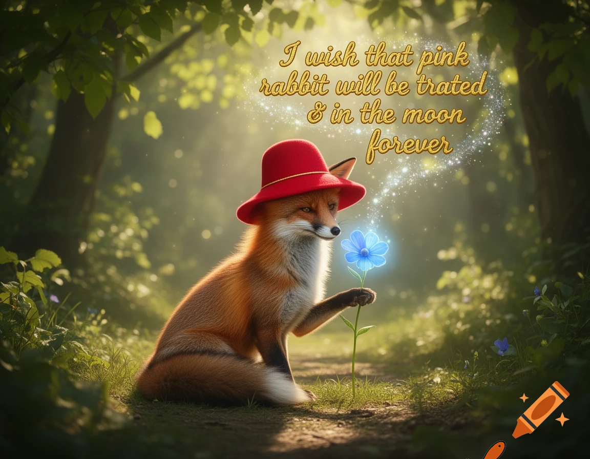 then the fox  with a red hat hold the magic flower and says i wish that pink rabbit will be trated in the moon forever