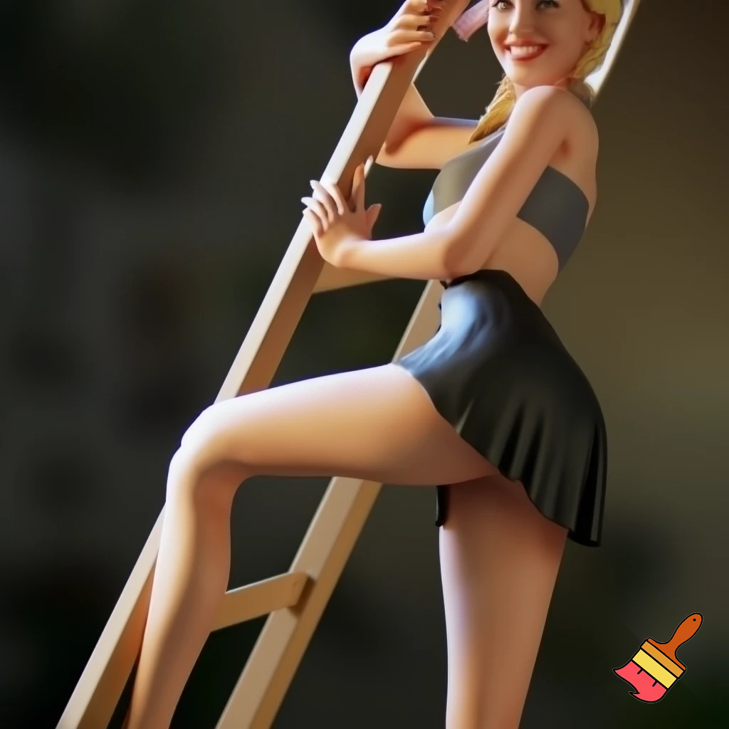 Blonde beautiful pin-up climbing ladder ultra shortened hem short miniskirt cropped top smiling at camera below over shoulder