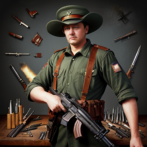 create ad image of a war collectionist full of weapons and kanonen