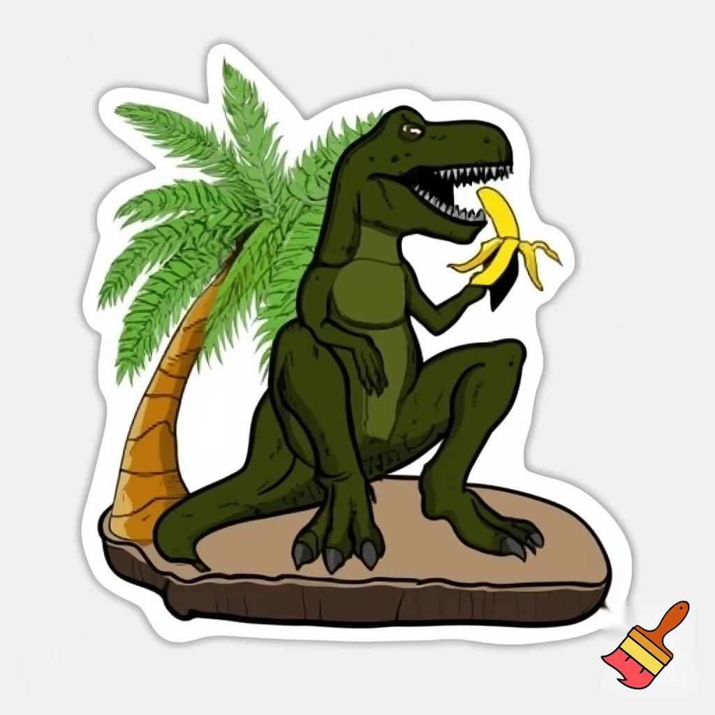 t rex sitting on palm tree eating a banana