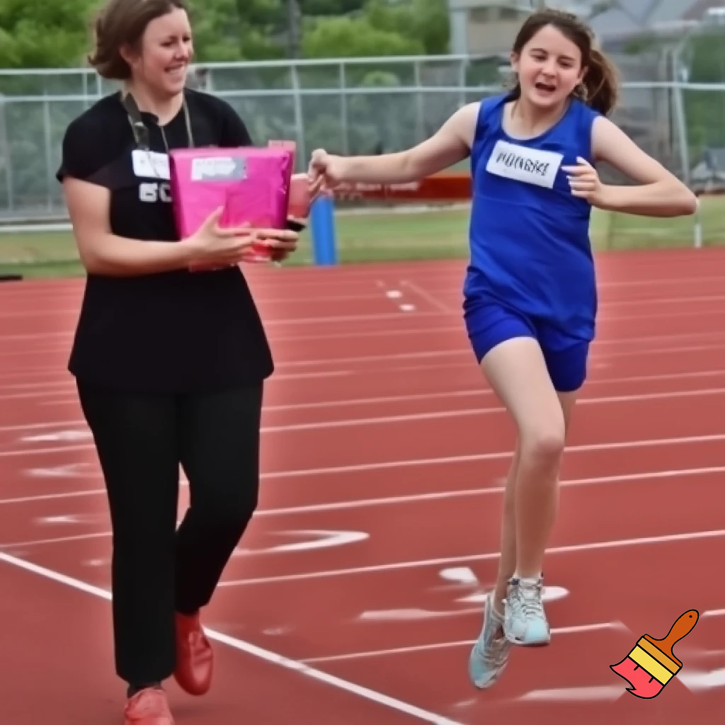 create a photo sequence (4 photos) in order. photo 1, a girl student is told by her teacher that she will compete in the schools 100 meter race. photo 2, the girl student is very nervous. photo 3, the girl gets encouragement from her classmates that she can do well in the 100 meter competition. photo 4, the girl competes and wins the 100 meter race.