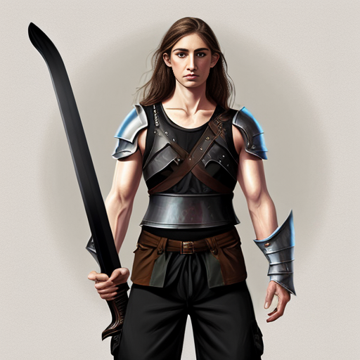 digital painting of an elven androgynous person with pale white skin, long wavy brown hair dressed in all black tank top, wide pants and practical clothing meant for combat (but not armor) mercenary clothing and carrying a a large sword behind