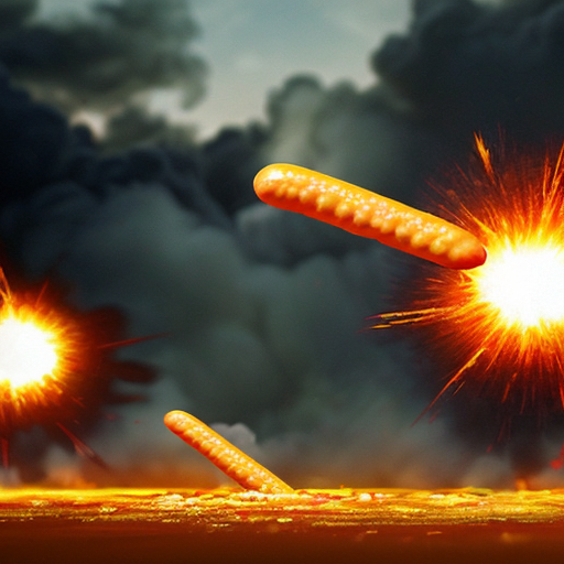 a war scene happening, war background, raining hotdog, and hotdog bomb explode in the air, gun make out of mustard and ketchup