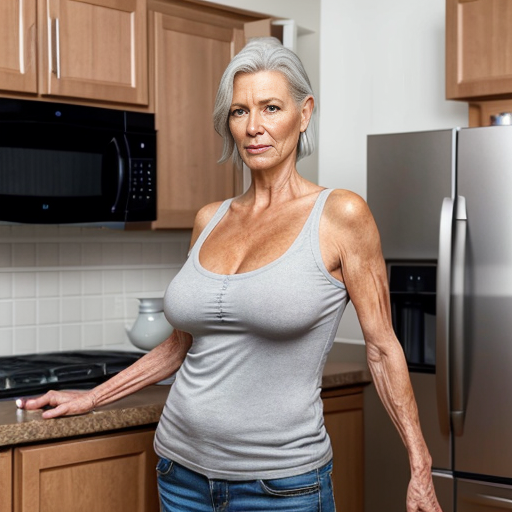 40-year-old woman with large breasts naked in the kitchen