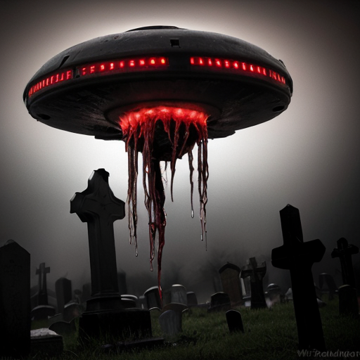 A photorealistic, hyper-detailed dark fantasy horror scene. A colossal, floating bio-mechanical ufo hovers menacingly over a foggy, desolate graveyard. The creature is a grotesque fusion of rotting, dripping flesh, exposed muscle, and dark metallic machinery, featuring a massive gaping maw with jagged teeth and numerous intensely glowing red optical sensors dotting its body. Viscous gore drips from its underbelly. In the foreground, heavily mutilated humanoid corpses covered in wet blood and raw flesh are rising from muddy, open graves among weathered stone crosses. The atmosphere is grim, cinematic, and terrifying, with thick atmospheric fog, a dark overcast sky, and stark contrast between the desaturated greys of the cemetery and the vivid, glowing crimson reds. Shot on 35mm lens, 8k resolution, highly realistic texturing.