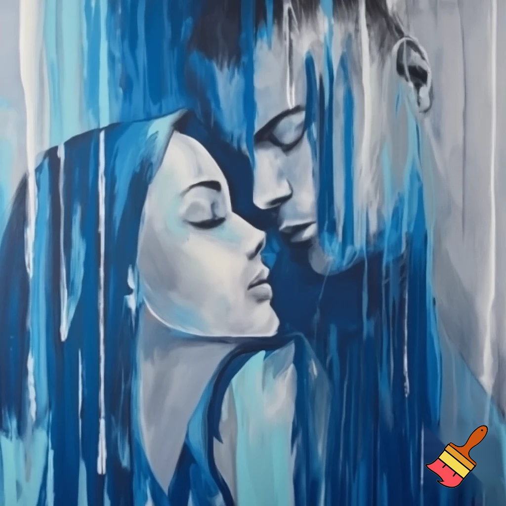acrylic painting romantic couple man and woman with a long hair love blue and grey modern abstract
