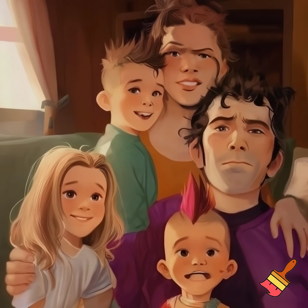 Family of four with a young girl with blonde about five years old, a boy about ten years old with a Mohawk, a mum with messy hair, and a dad whose always serious with patchy hair


