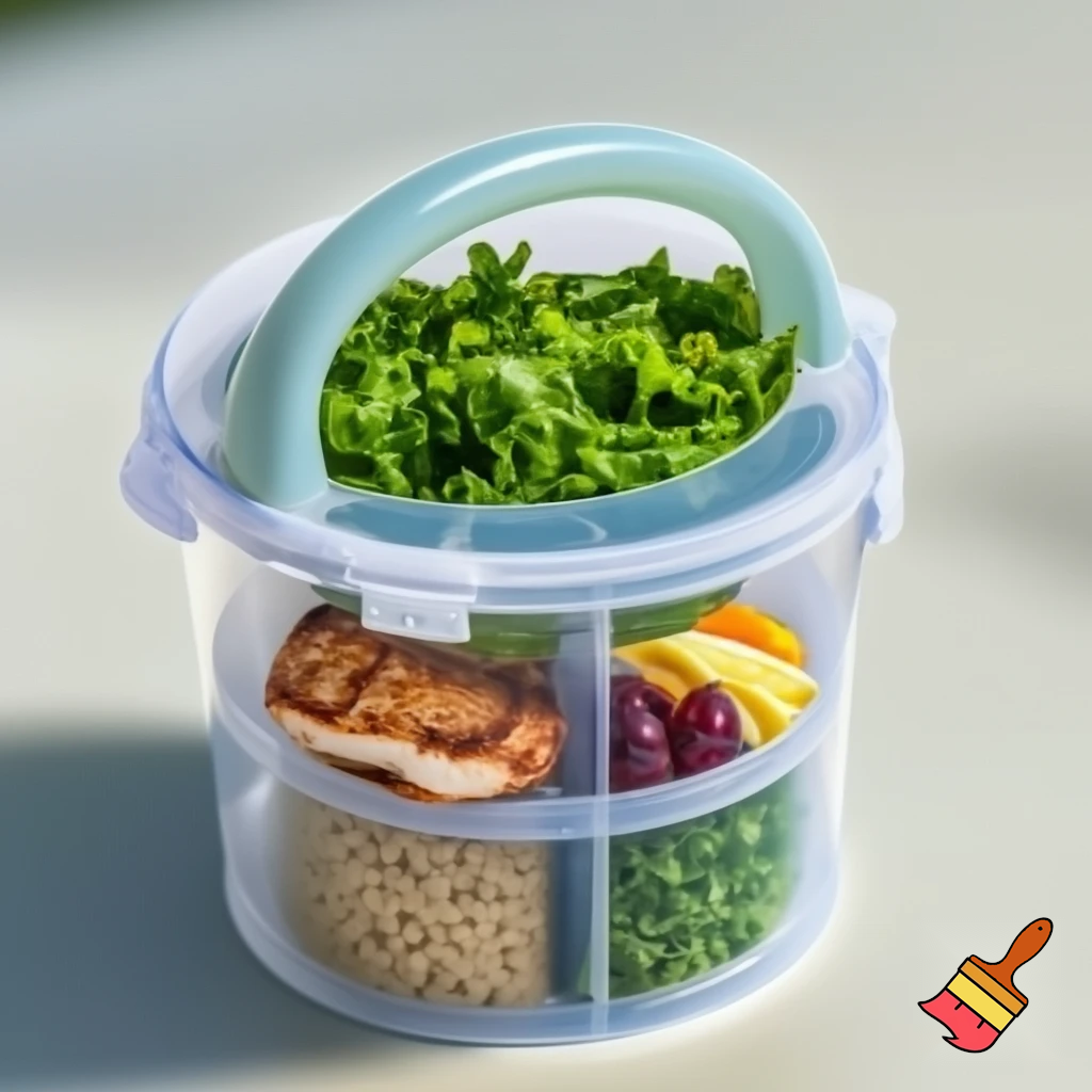 make a cylindrical food storage that has a handle ontop and has 4 sections holing different food
