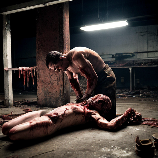 the interior of a dimly lit slaughterhouse, its walls slick with streaks of blood and rusted chains dangling from the ceiling. The floor is a grotesque mosaic of viscera, severed limbs, and entrails, pulsing under flickering industrial lights. Amidst the carnage, naked workers—muscular, sweat-slicked, and streaked with gore—move with frenzied purpose, their bodies intertwined in raw, primal coupling. A towering demon with obsidian skin and glowing red eyes oversees the chaos, its clawed hands gripping a writhing, bound victim whose flesh is being carved into delicate strips. Breasts, cocks, and pussies glisten with sweat and blood, pressed against cold steel tables or each other, while gaping assholes clench around fingers, tools, and throbbing demonic appendages. The air is thick with the scent of iron and sex, every surface a canvas of debauchery and slaughter